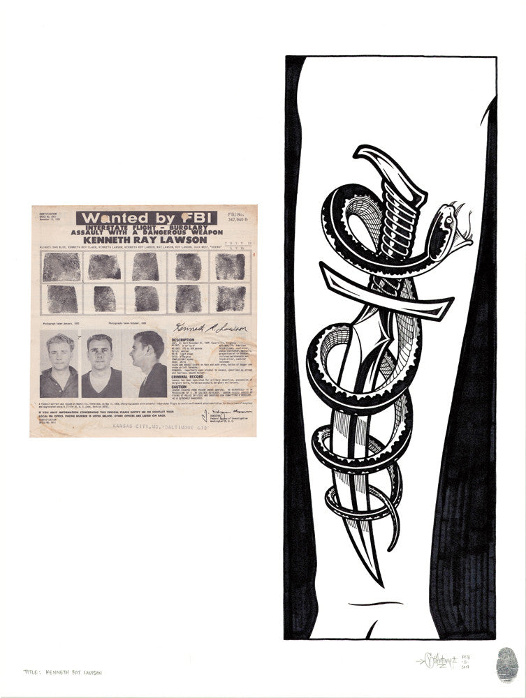 Mike Giant &quot;Kenneth Ray Lawson&quot; - Original Ink Illustration w Vintage Mugshot - 18 x 24