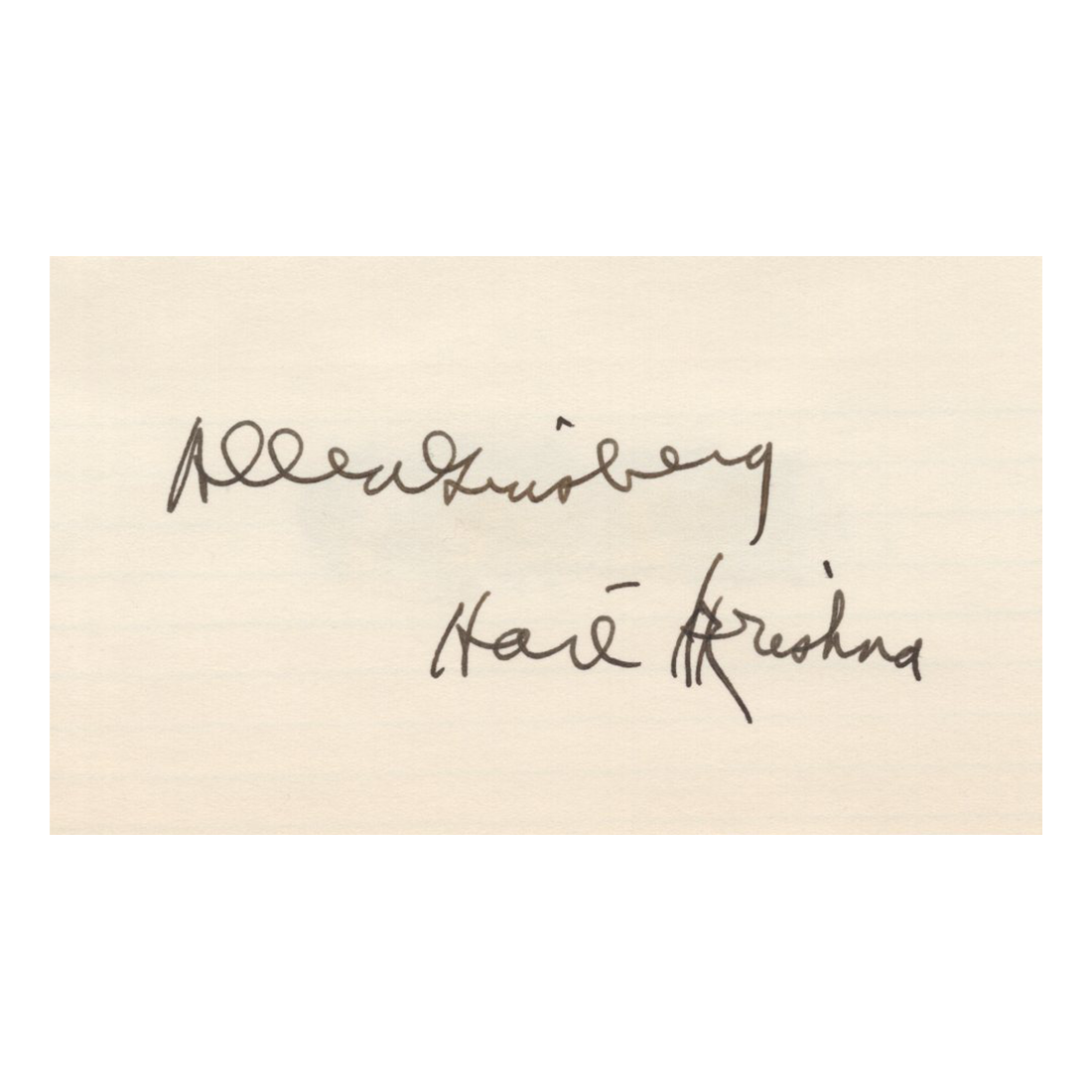 Allen Ginsberg - Signed 3 x 5 inch Card with &quot;Hail Krishna&quot; Inscription