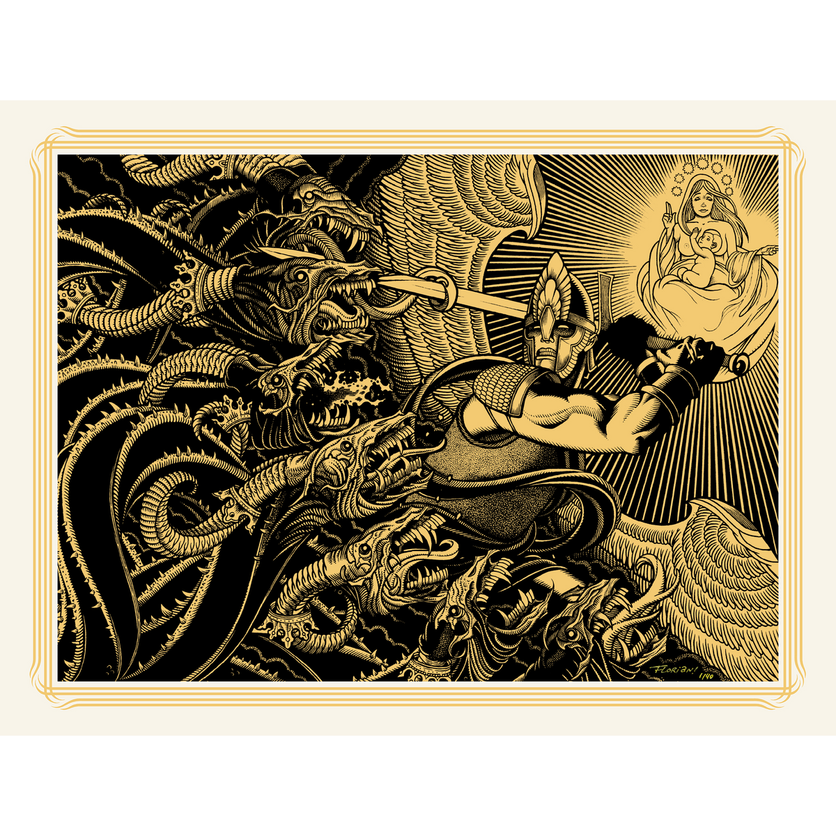 Florian Bertmer &quot;Michael Slaying Dragon (GOLD)&quot; - Screen Printed Edition of 40 - 18 x 24&quot;