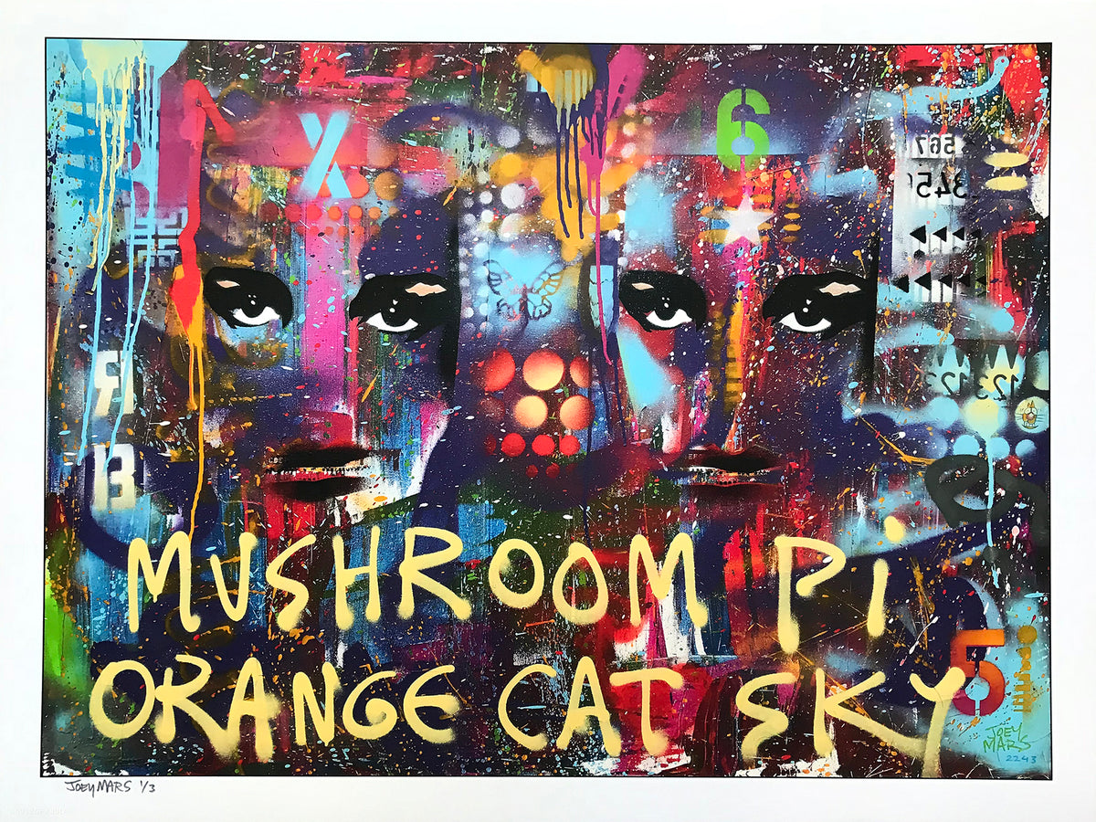 Joey Mars &quot;Mushroom PI Orange Cat Sky&quot; - Hand-Embellished Variant, 1 of 3 - 18 x 24&quot;
