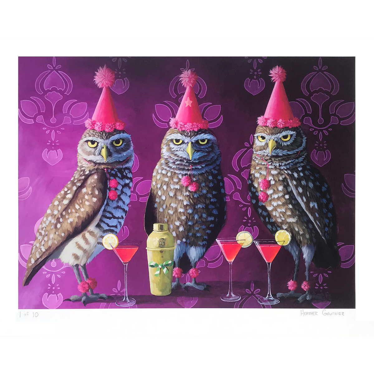 Heather Gauthier &quot;Party Owls&quot; - Hand-Embellished Edition of 10 - 16 x 20&quot;