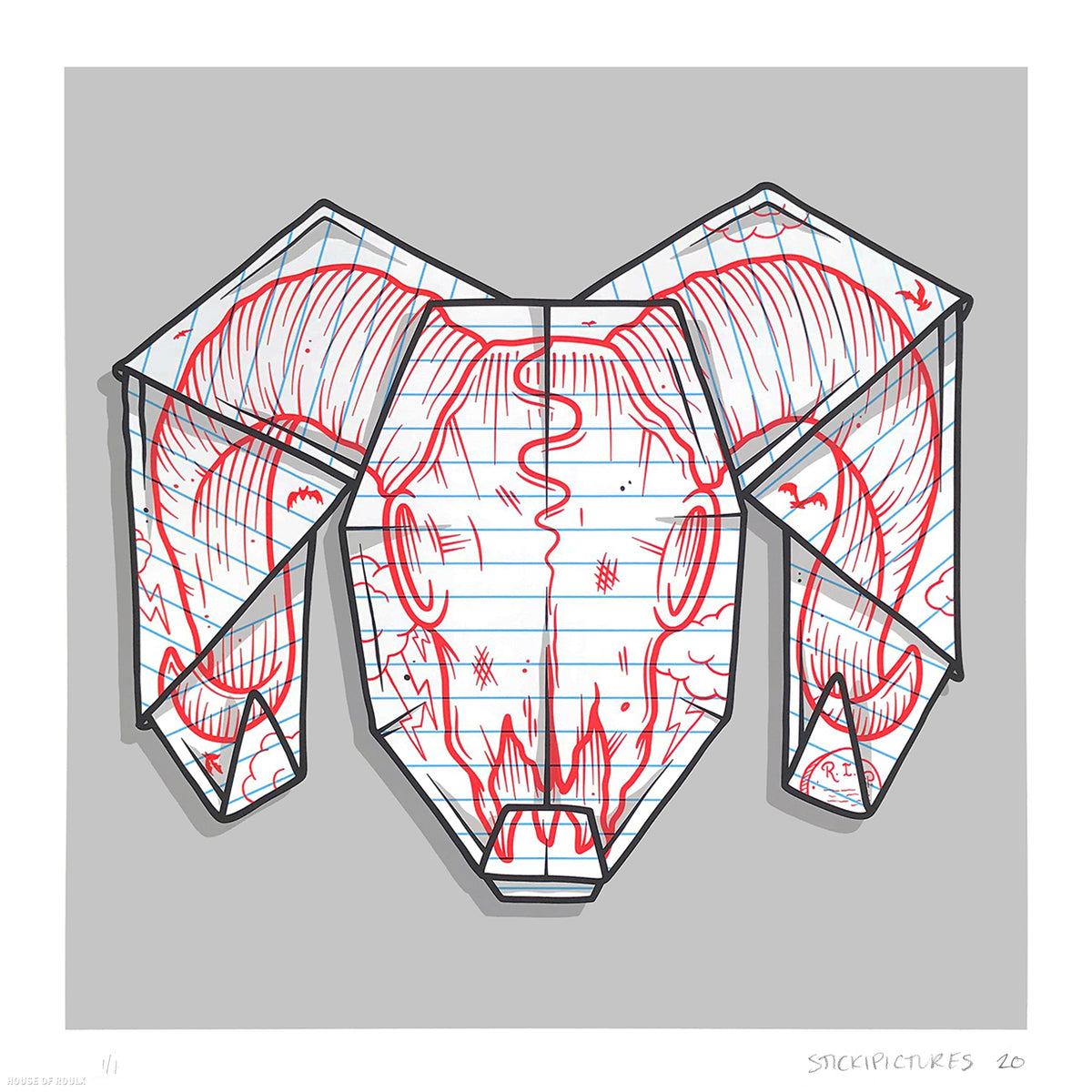 Stickipictures - &quot;Origami Ram Skull&quot; - Hand-Embellished One Off - 17 x 17&quot;