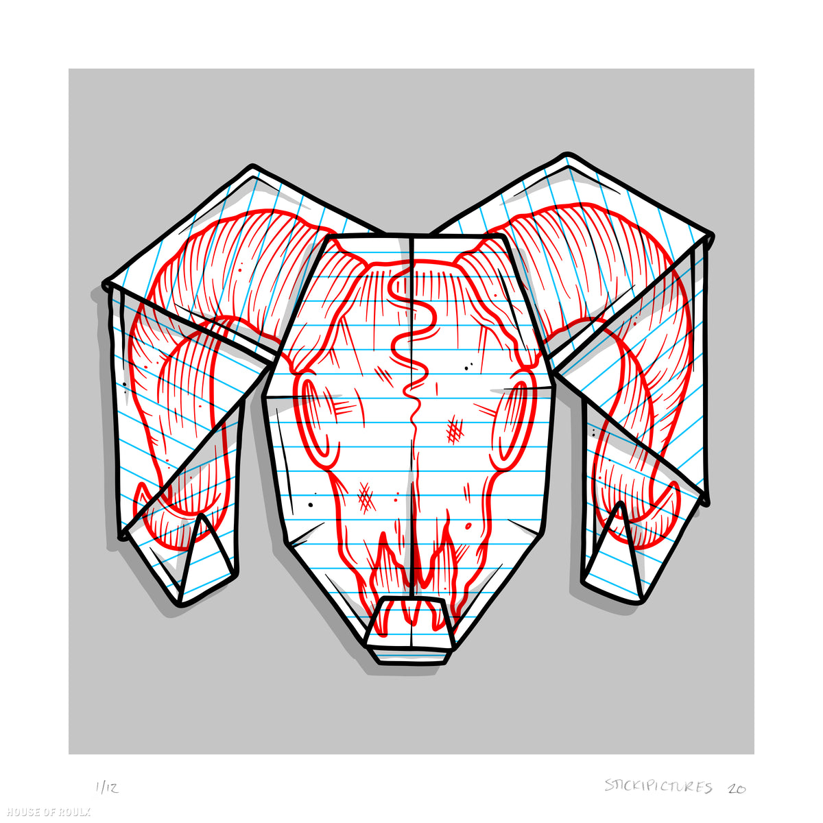 Stickipictures - &quot;Origami Ram Skull&quot; - Archival Print, Limited Edition of 12 - 12 x 12&quot;