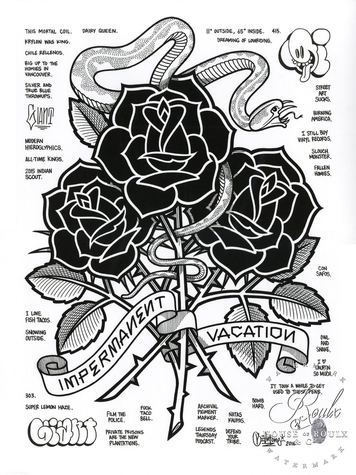 Mike Giant&quot; Black Roses (Impermanent Vacation)&quot; - Hand-Embellished Unique Print, #2/5 - 24 x 36