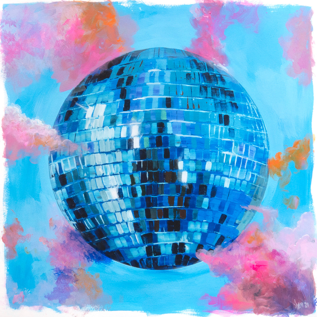 Adam J. O&#39;Day &quot;Disco Ball: Blue Sky&quot; - Unique Hand-Painted Print - 24 x 24&quot;
