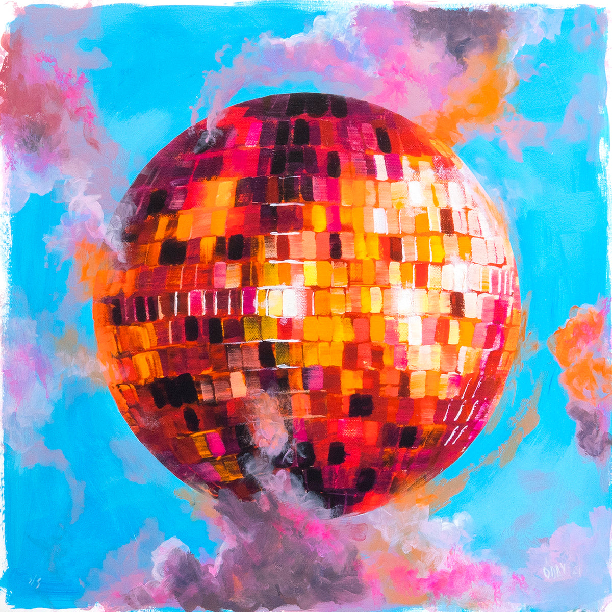 Adam J. O&#39;Day &quot;Disco Ball: Red Sky&quot; - Unique Hand-Painted Print - 24 x 24&quot;
