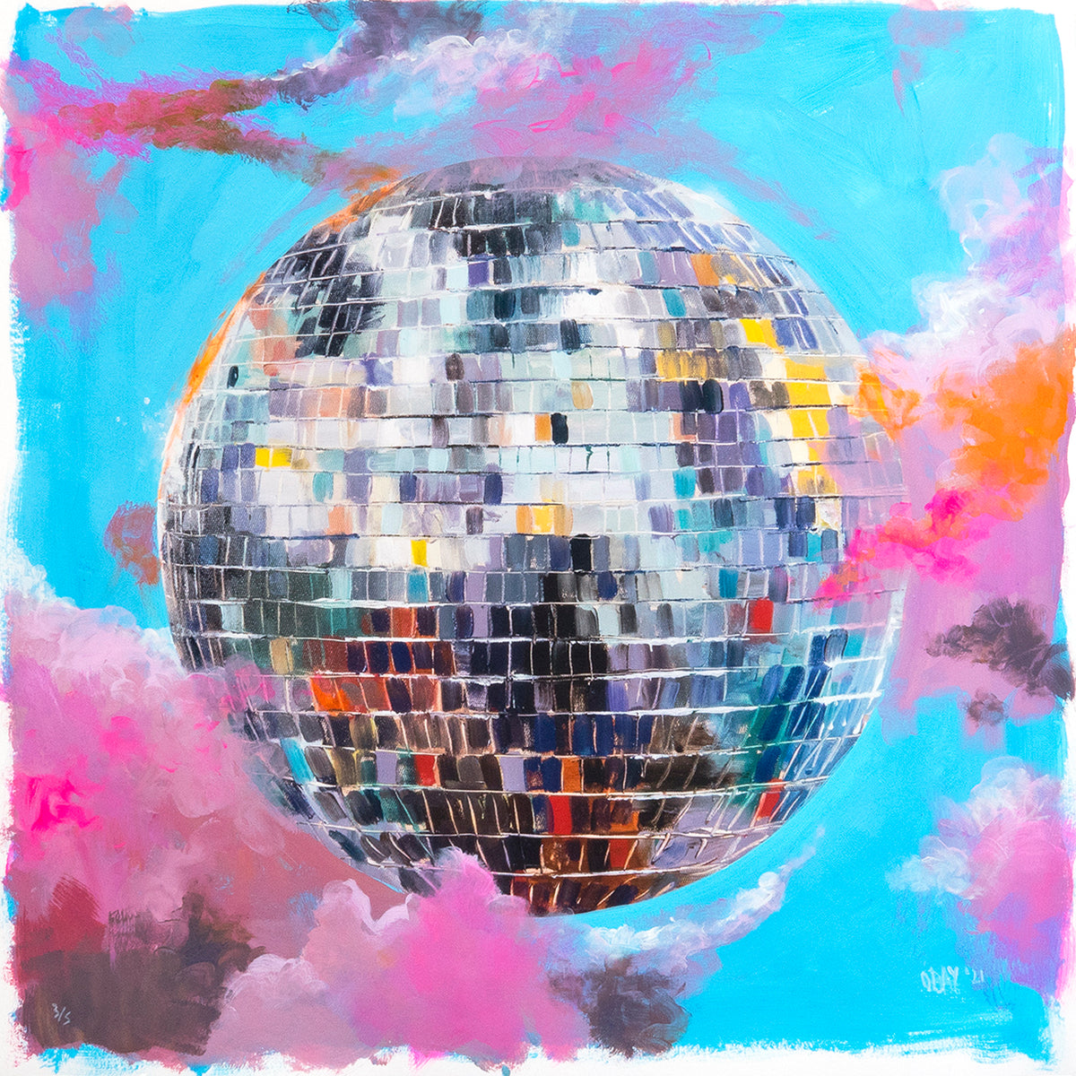 Adam J. O&#39;Day &quot;Disco Ball: Silver Sky&quot; - Unique Hand-Painted Print - 24 x 24&quot;