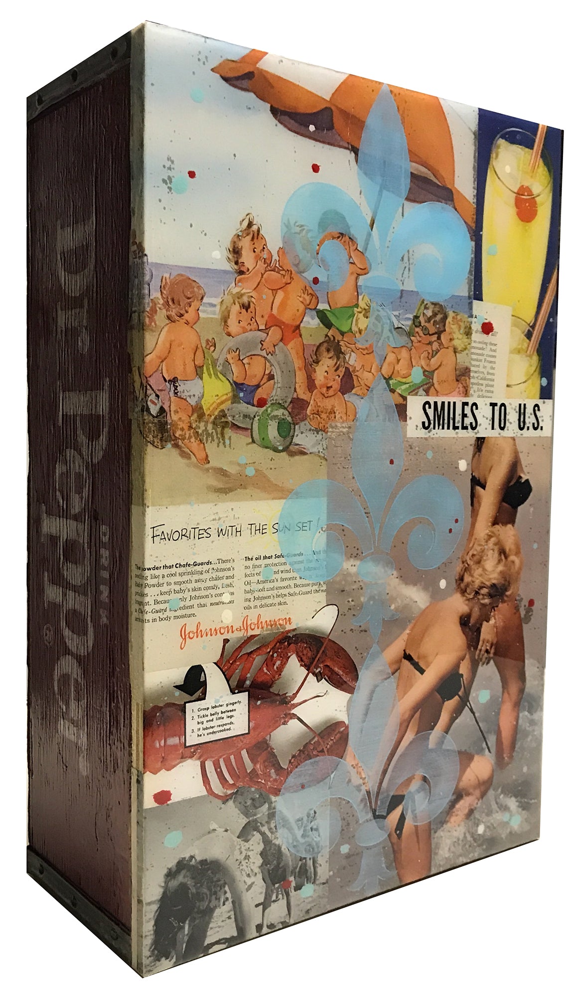 John Joseph Hanright &quot;Smiles to U.S.&quot; - Ephemera, Oil, Resin on Vintage Bottle Crate - 18 x 12 x 5&quot;