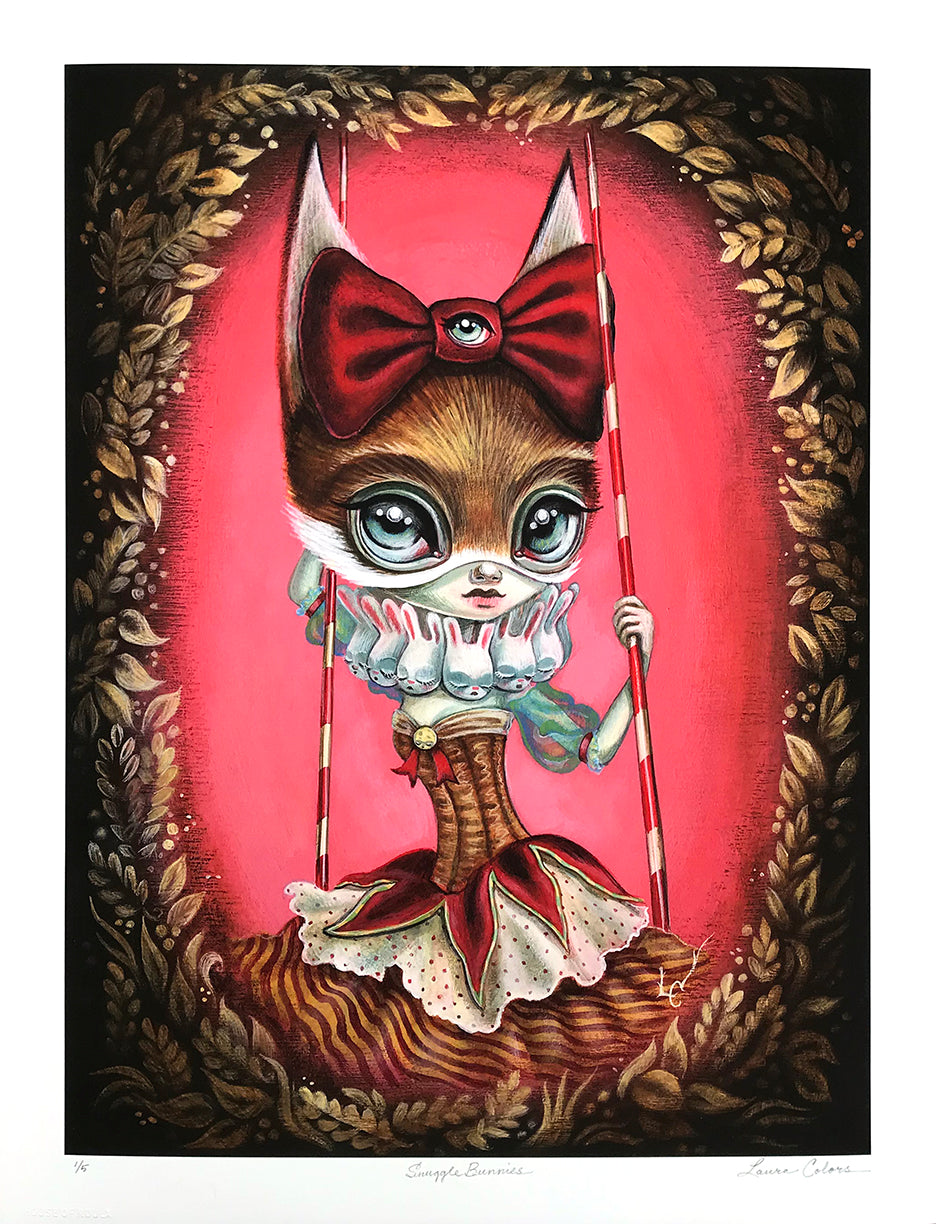 Laura Colors &quot;Snuggle Bunnies&quot; - Hand-Embellished Unique Variant, Edition of 5 - 13 x 17&quot;