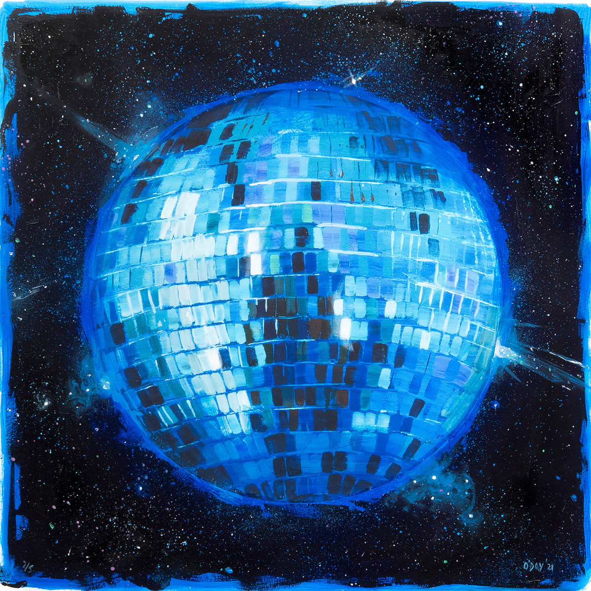 Adam J. O&#39;Day &quot;Disco Ball: Blue Space&quot; - Unique Hand-Painted Print - 24 x 24&quot;