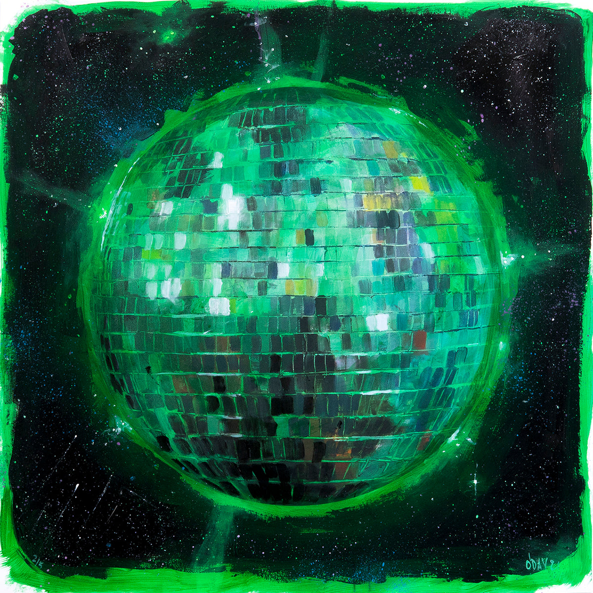 Adam J. O&#39;Day &quot;Disco Ball: Green Space&quot; - Unique Hand-Painted Print - 24 x 24&quot;