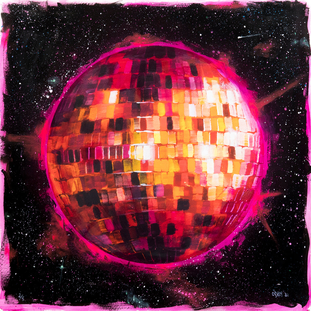 Adam J. O&#39;Day &quot;Disco Ball: Red Space&quot; - Unique Hand-Painted Print - 24 x 24&quot;