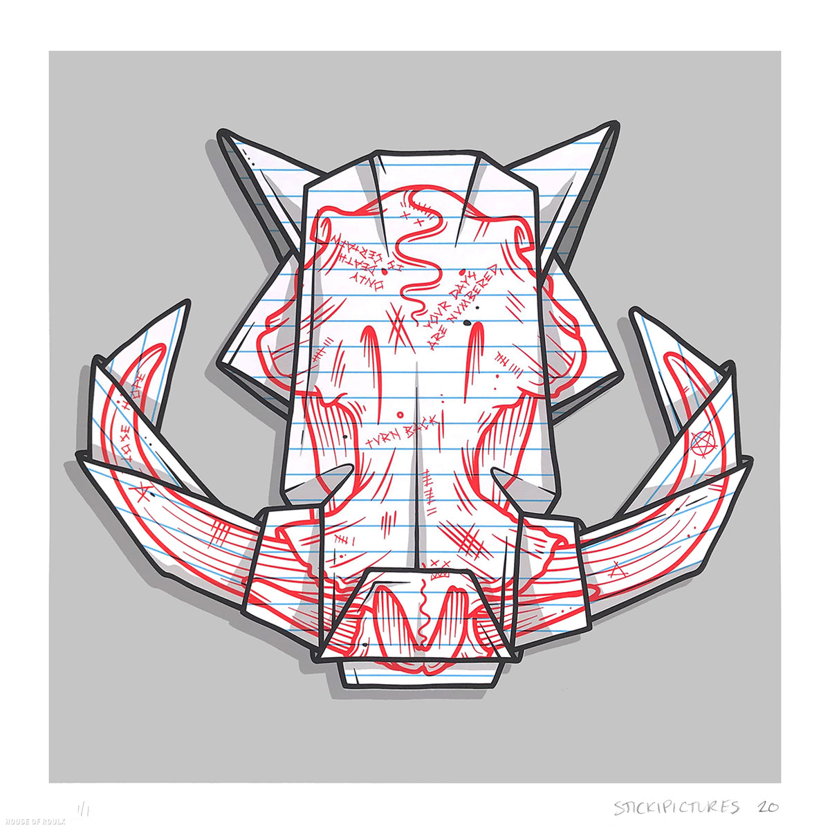 Stickipictures - &quot;Origami Warthog Skull&quot; - Hand-Embellished One Off - 17 x 17&quot;